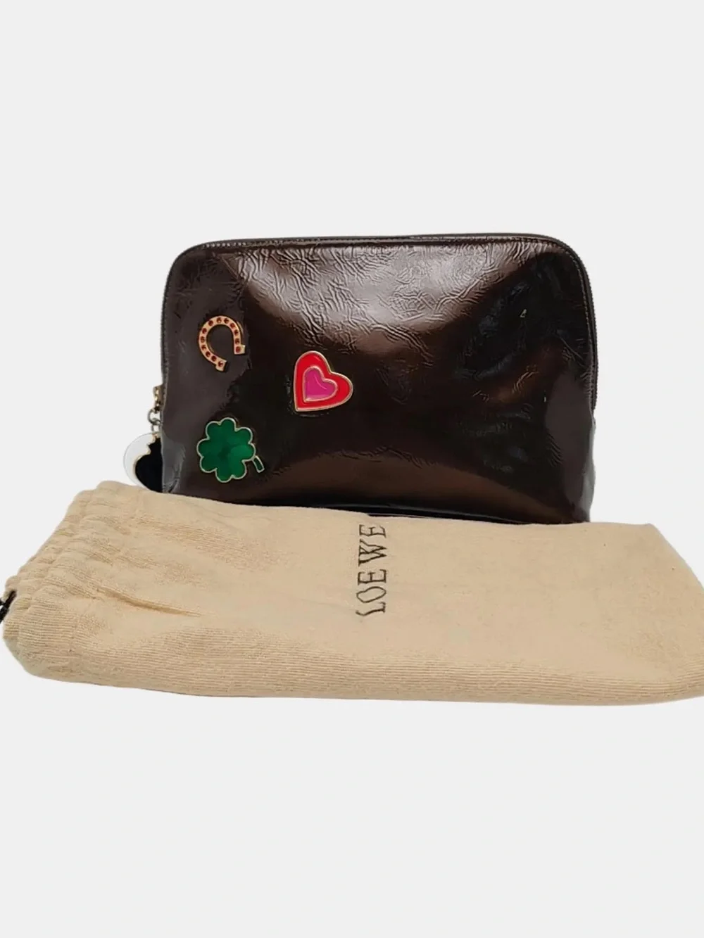 Loewe Dark Brown Patent Cosmetic Pouch with Enamel Charms